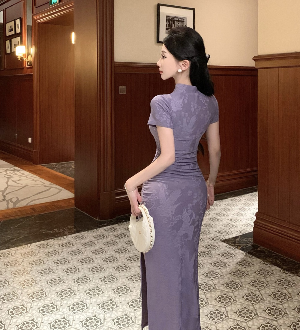 Short sleeve Chinese style tight cheongsam elegant long dress