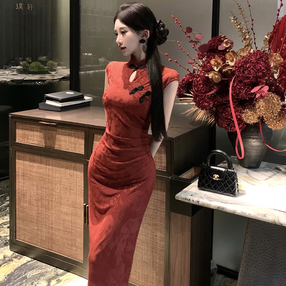 Chinese style retro red dress slim long cheongsam