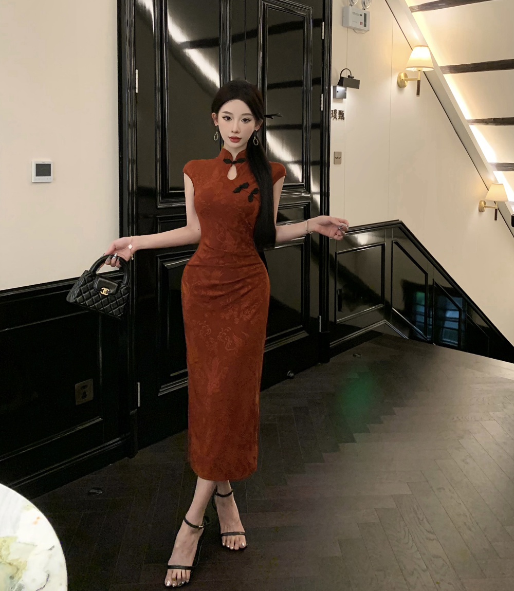 Chinese style retro red dress slim long cheongsam