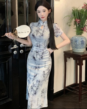 Slim gauze ink dress retro pinched waist cheongsam