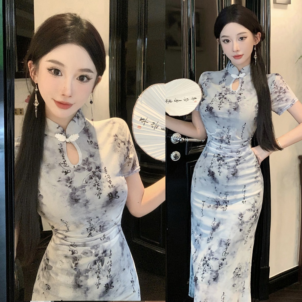 Slim gauze ink dress retro pinched waist cheongsam