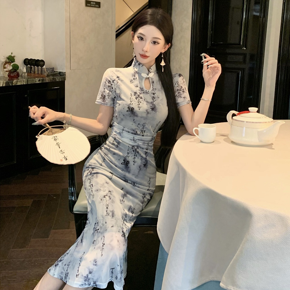 Slim gauze ink dress retro pinched waist cheongsam