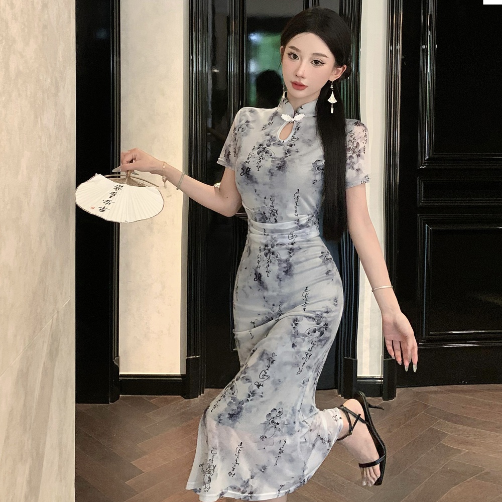 Slim gauze ink dress retro pinched waist cheongsam