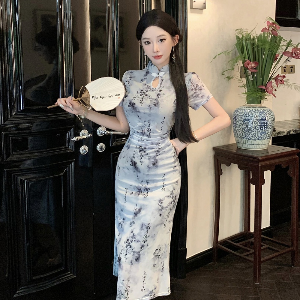 Slim gauze ink dress retro pinched waist cheongsam