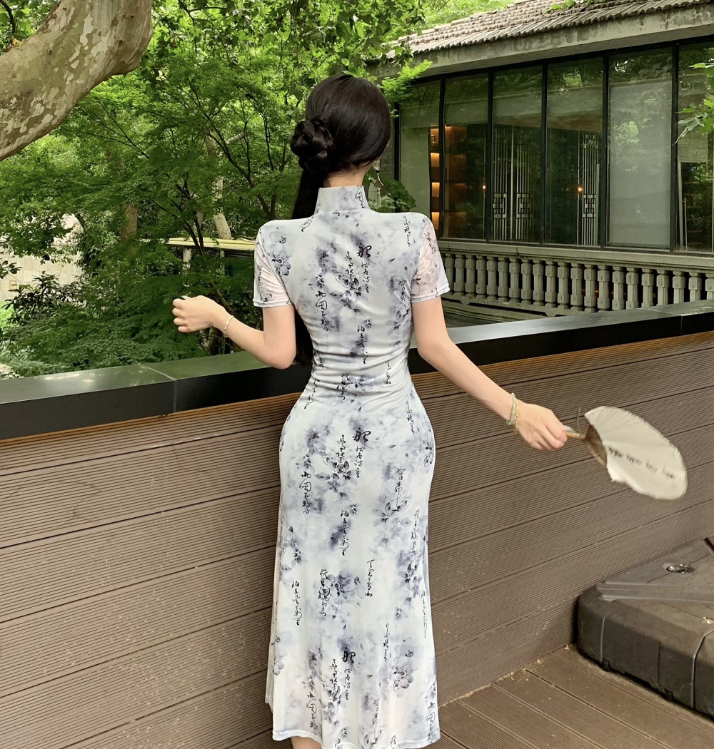 Slim gauze ink dress retro pinched waist cheongsam