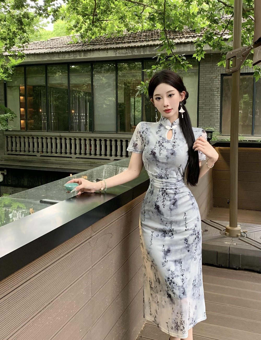 Slim gauze ink dress retro pinched waist cheongsam