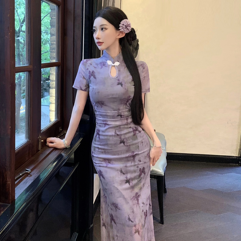 Chinese style gauze cheongsam butterfly printing dress