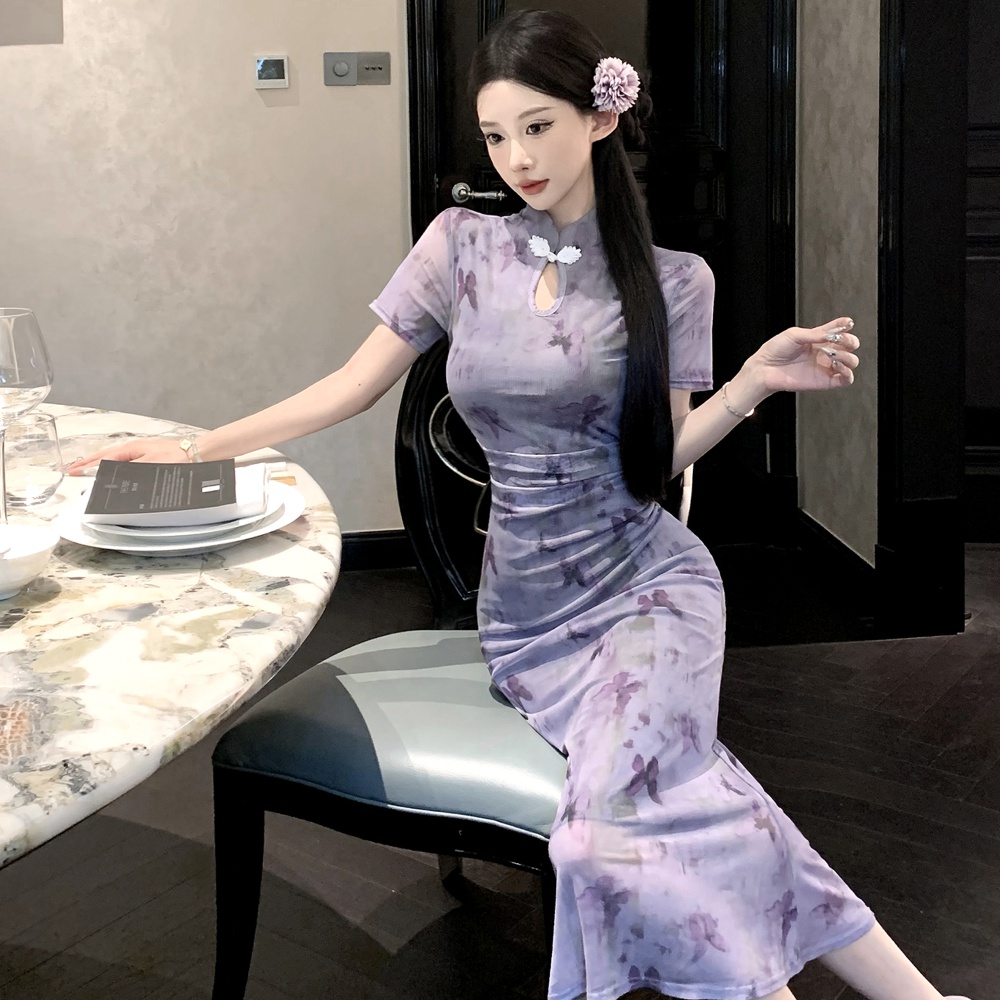 Chinese style gauze cheongsam butterfly printing dress