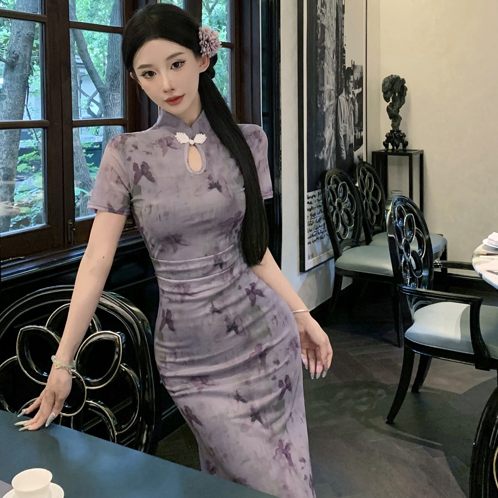 Chinese style gauze cheongsam butterfly printing dress