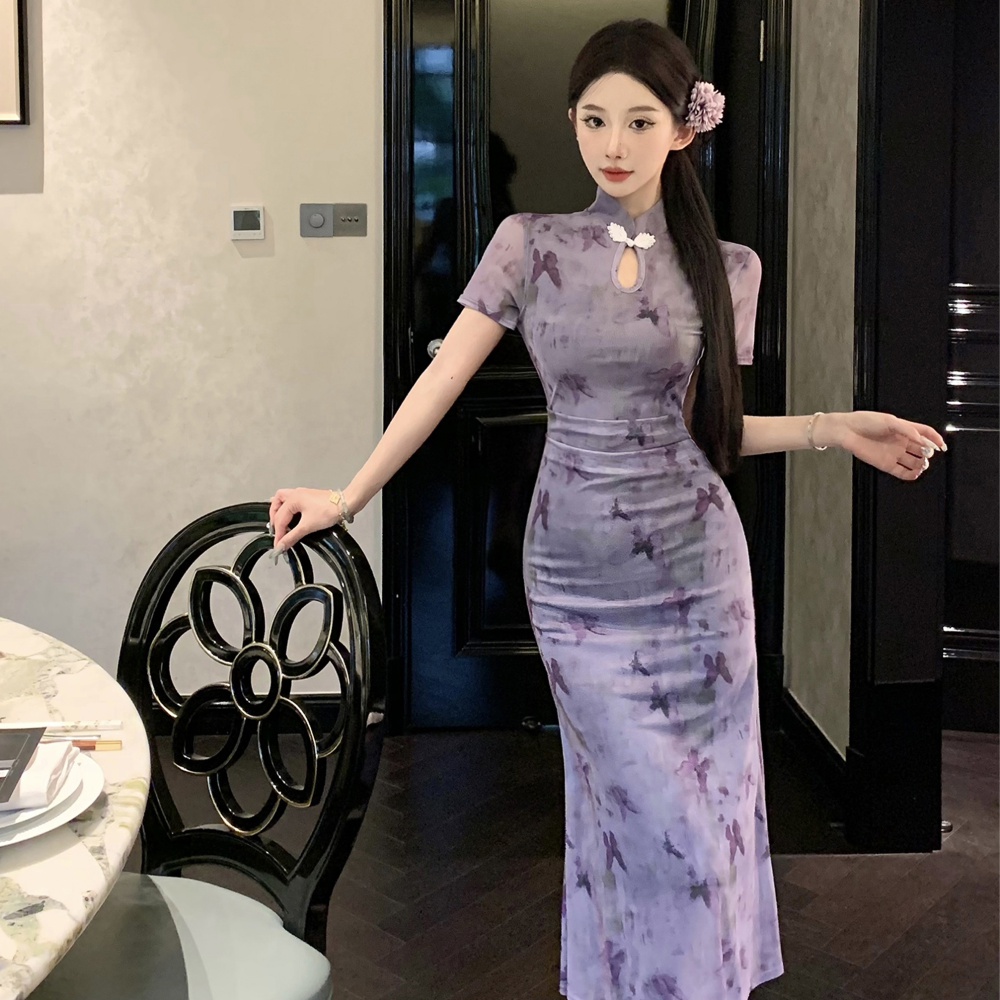 Chinese style gauze cheongsam butterfly printing dress