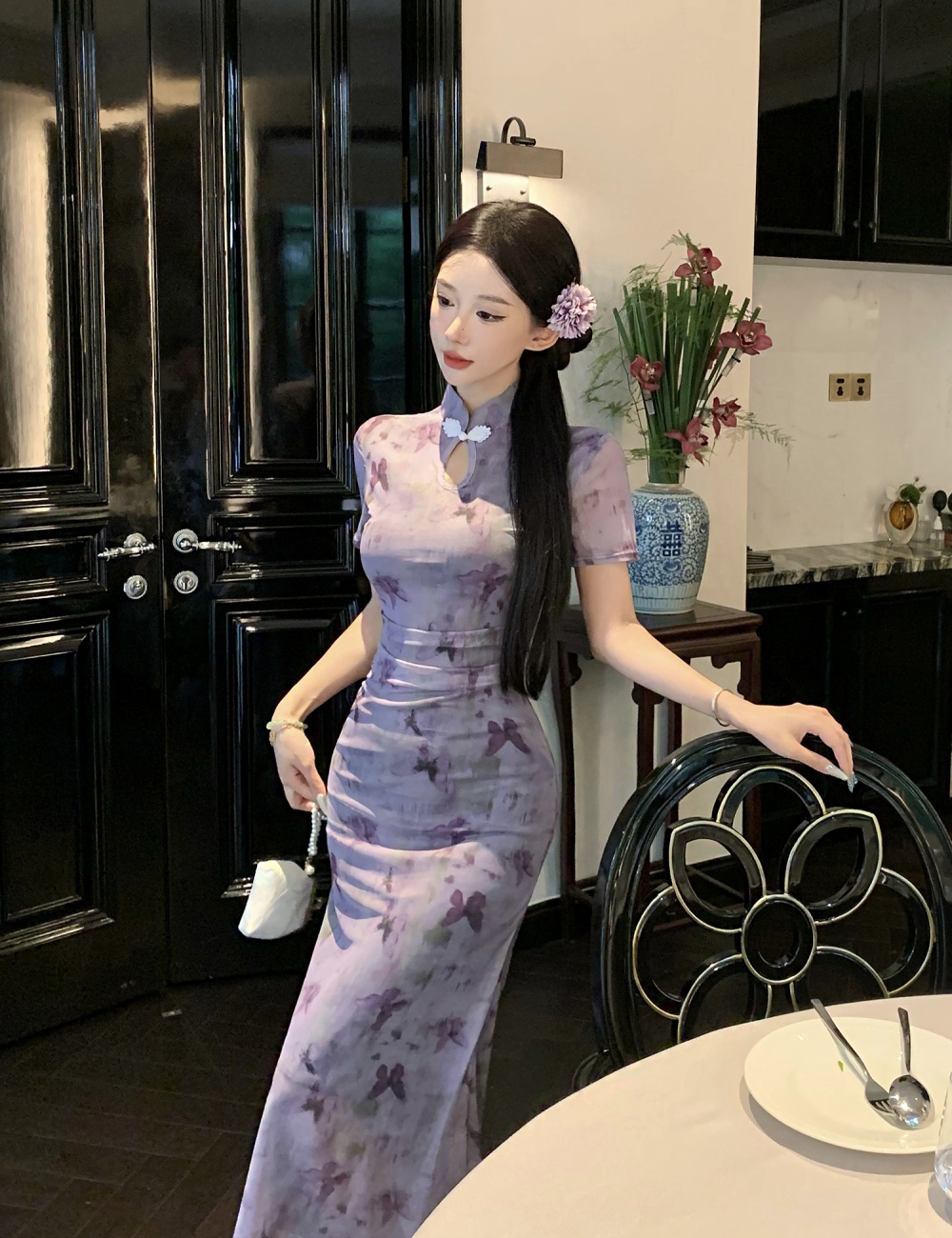 Chinese style gauze cheongsam butterfly printing dress