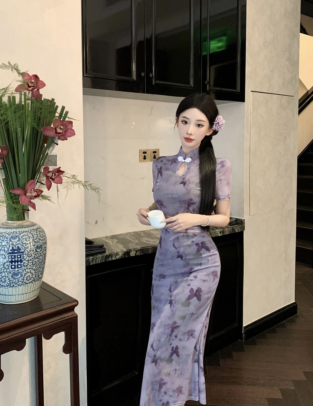 Chinese style gauze cheongsam butterfly printing dress