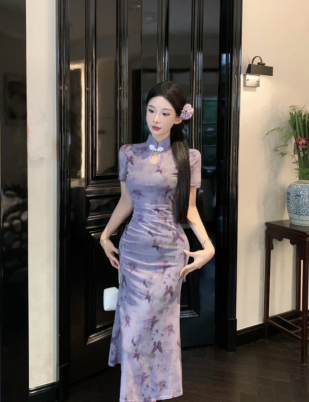 Chinese style gauze cheongsam butterfly printing dress