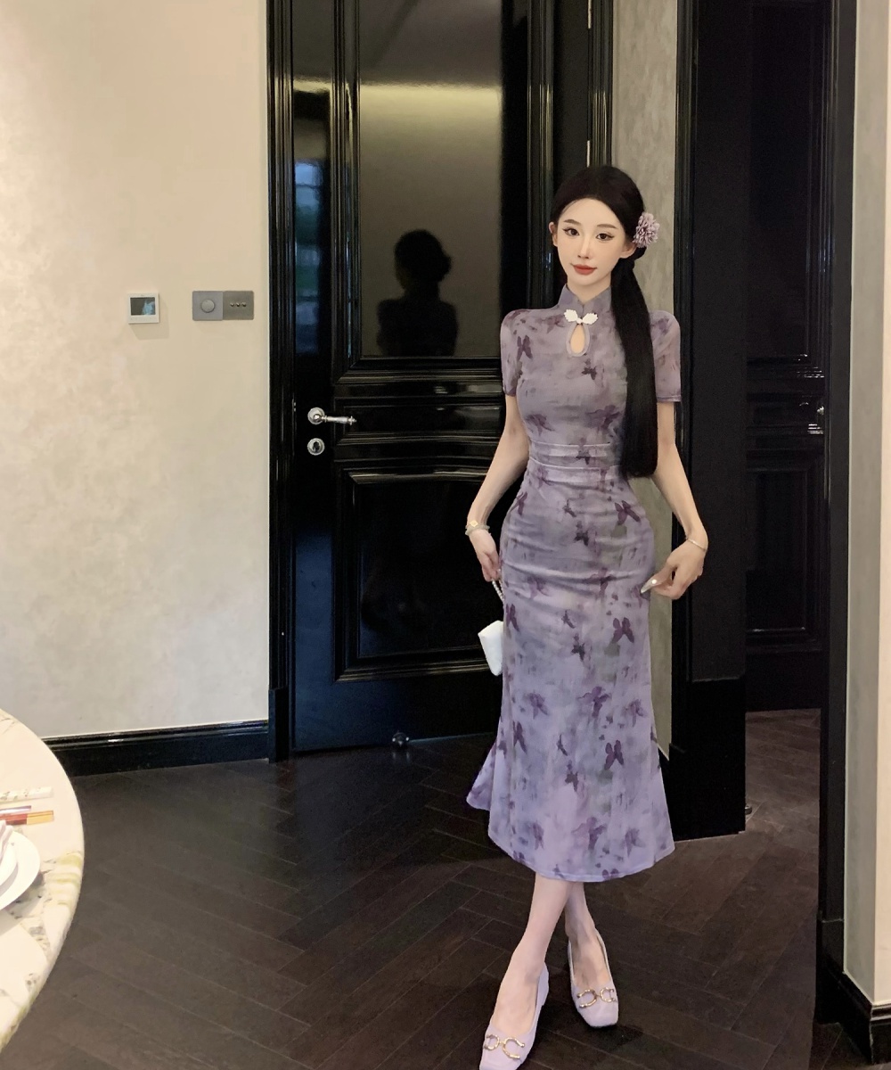 Chinese style gauze cheongsam butterfly printing dress