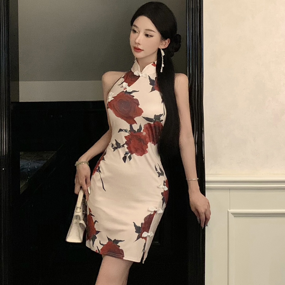 Slim retro Chinese style cheongsam short summer dress