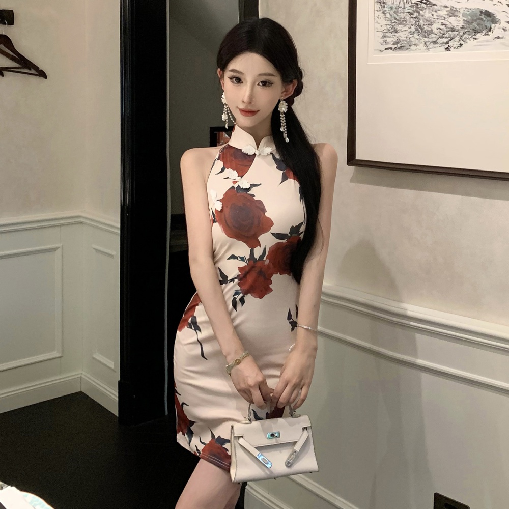 Slim retro Chinese style cheongsam short summer dress