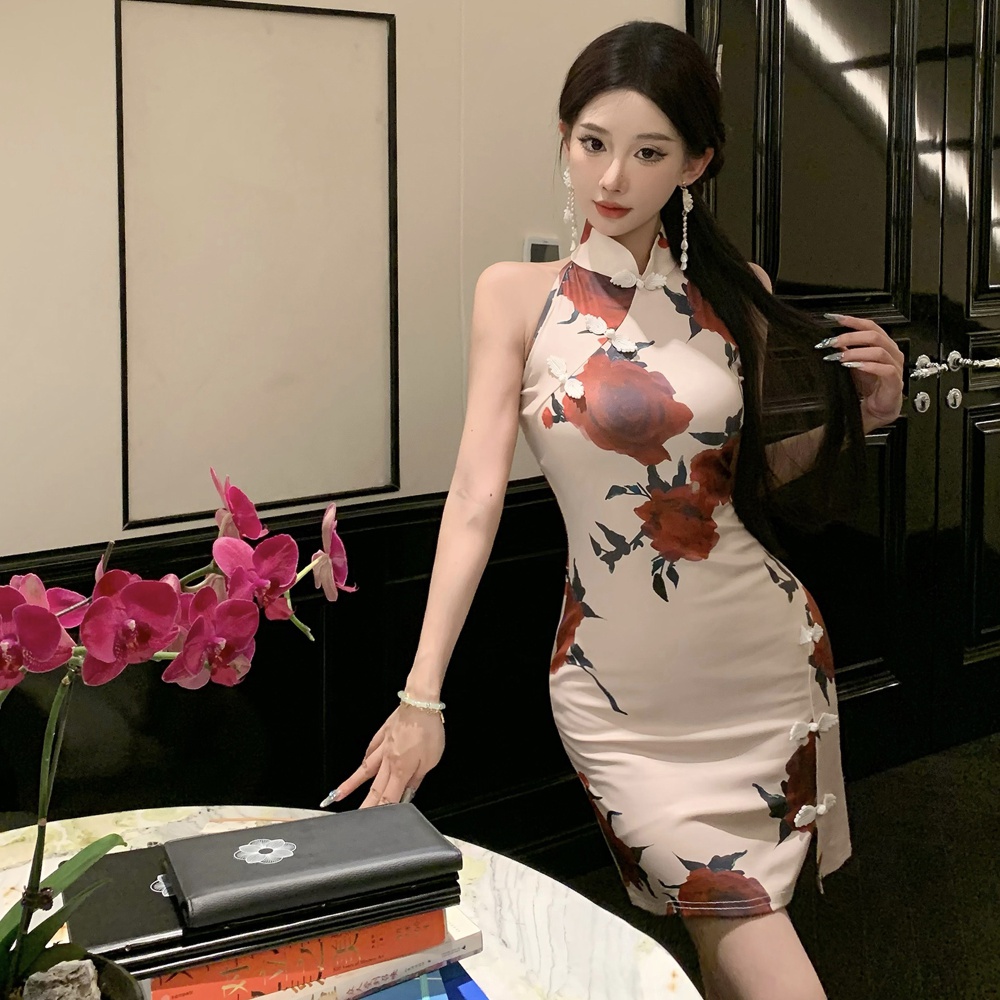 Slim retro Chinese style cheongsam short summer dress