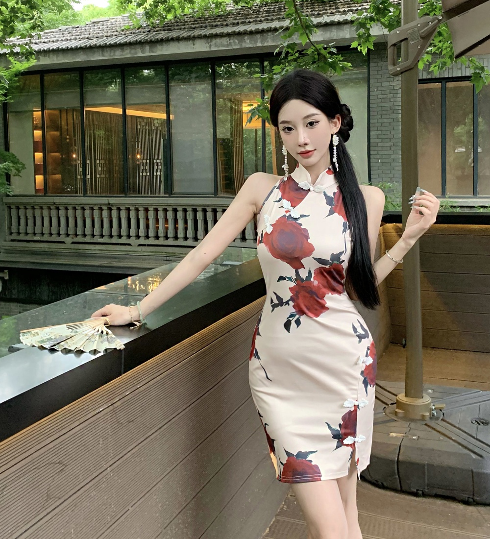 Slim retro Chinese style cheongsam short summer dress