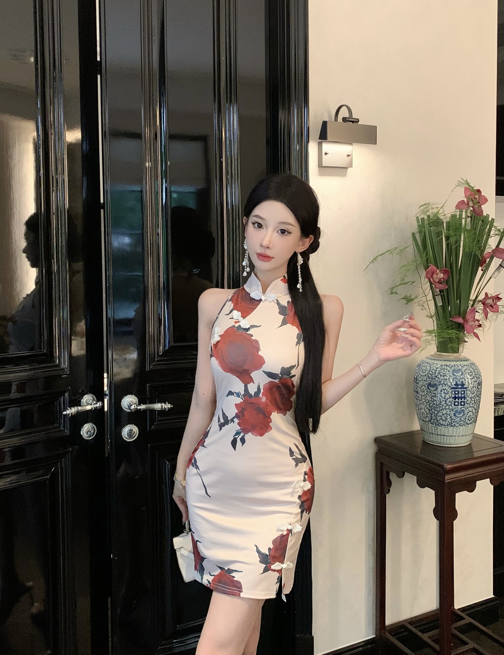 Slim retro Chinese style cheongsam short summer dress