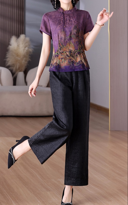 Real silk wide leg pants shirt 2pcs set for women