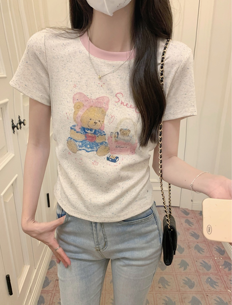 Printing summer T-shirt fold pinched waist tops