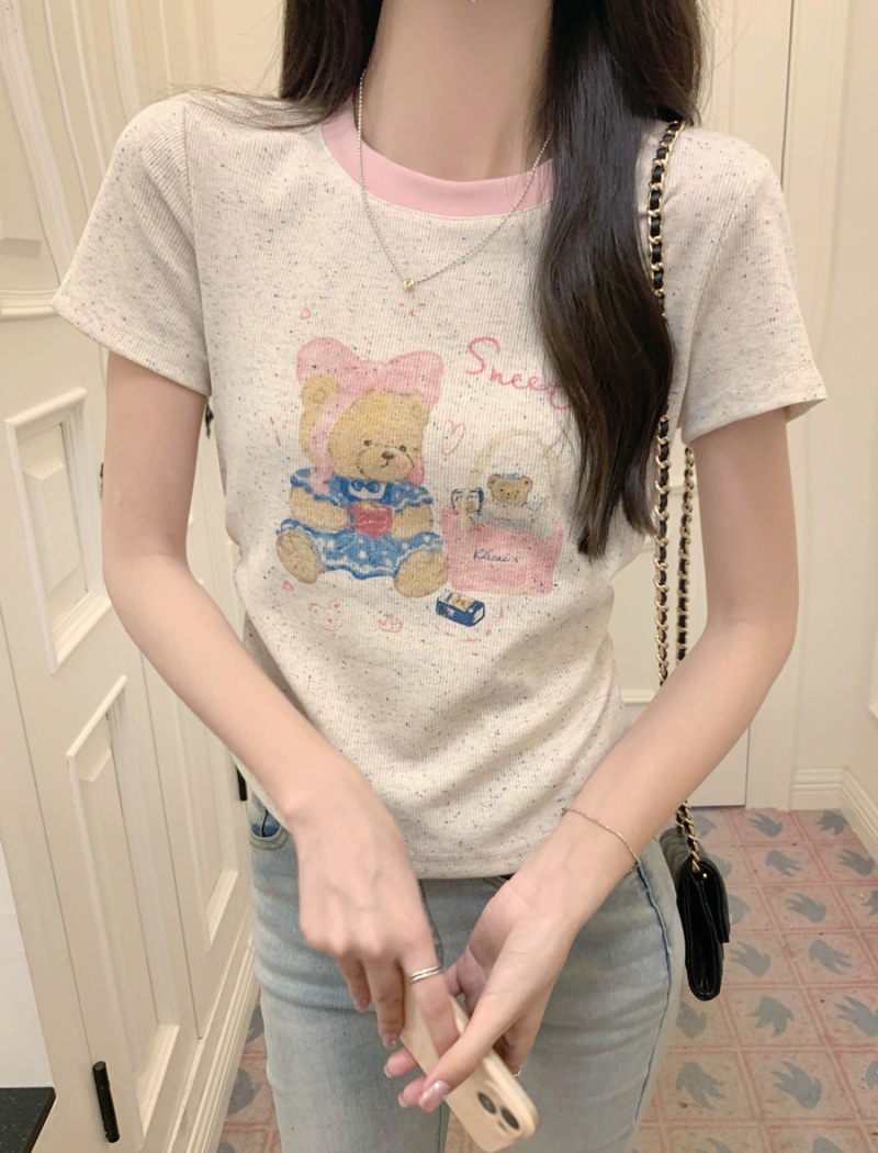 Printing summer T-shirt fold pinched waist tops