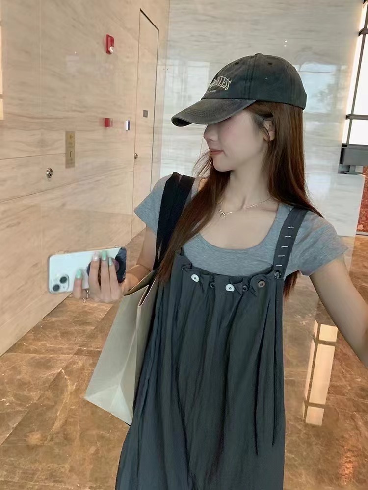 Fashion strap dress simple T-shirt a set