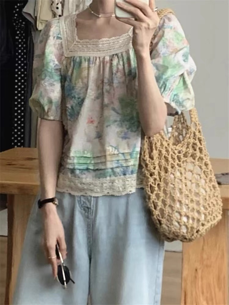 Western style lace summer splice floral small shirt