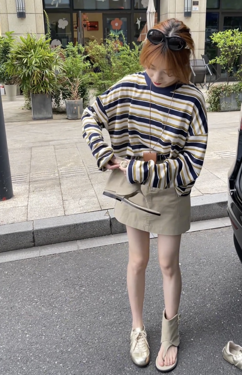 Casual summer T-shirt stripe sunscreen short skirt a set
