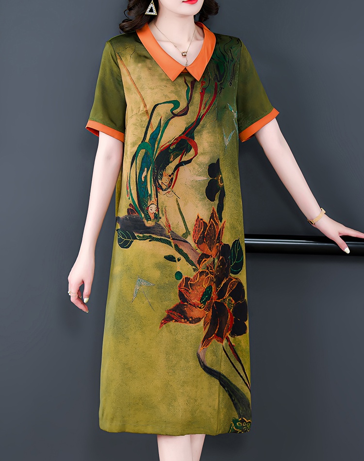 Fashion printing summer slim lapel silk real silk dress