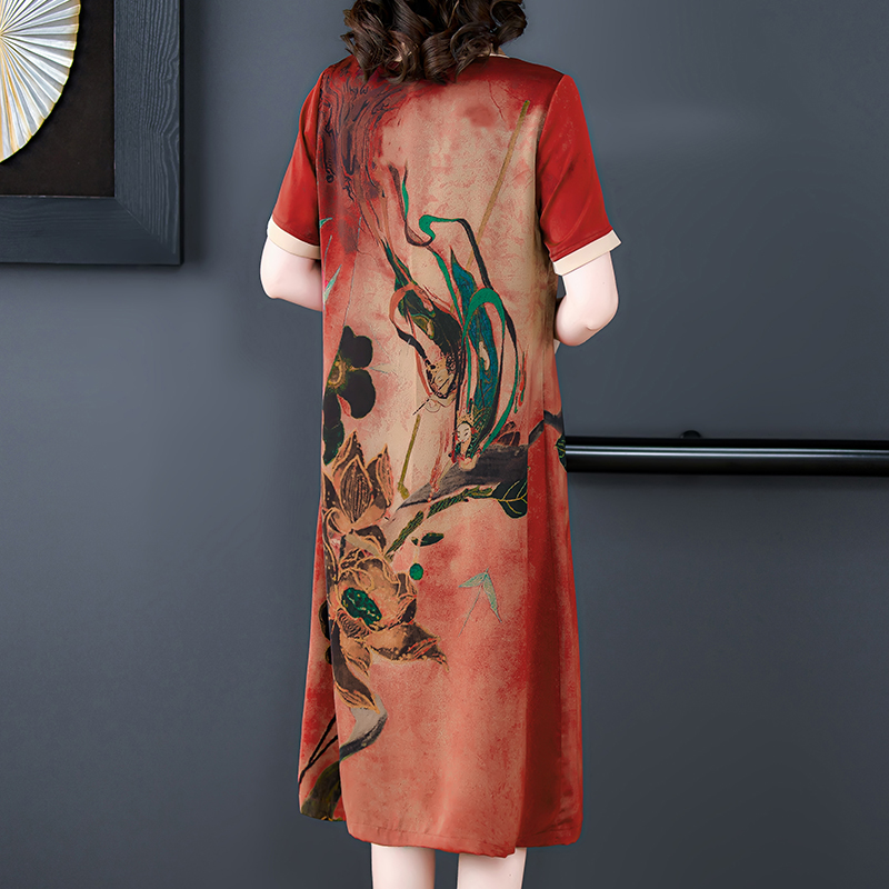 Fashion printing summer slim lapel silk real silk dress