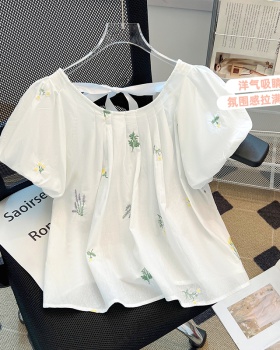 France style short sleeve tops embroidery shirt for women