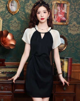 France style black pinched waist splice dress for women
