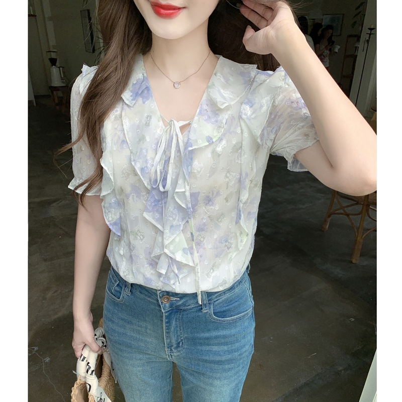 All-match short sleeve shirt V-neck chiffon shirt