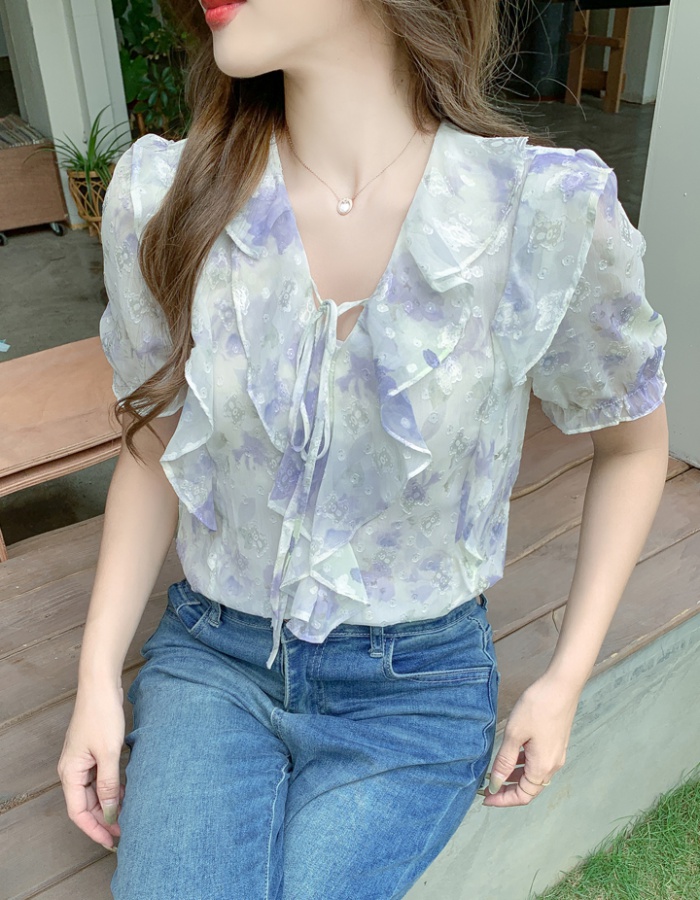 All-match short sleeve shirt V-neck chiffon shirt