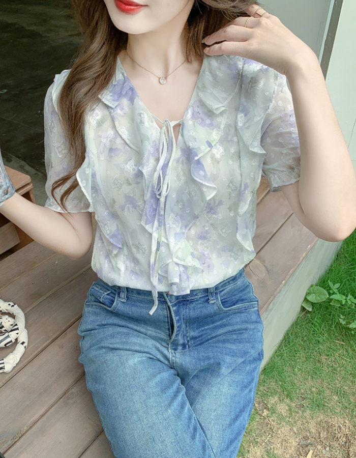 All-match short sleeve shirt V-neck chiffon shirt