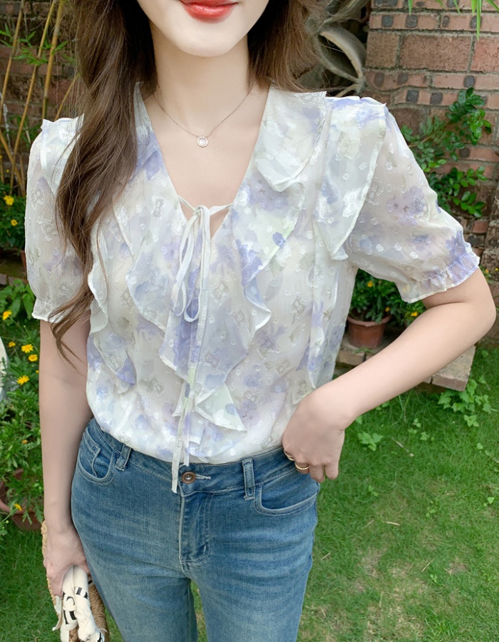 All-match short sleeve shirt V-neck chiffon shirt