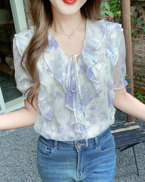 All-match short sleeve shirt V-neck chiffon shirt