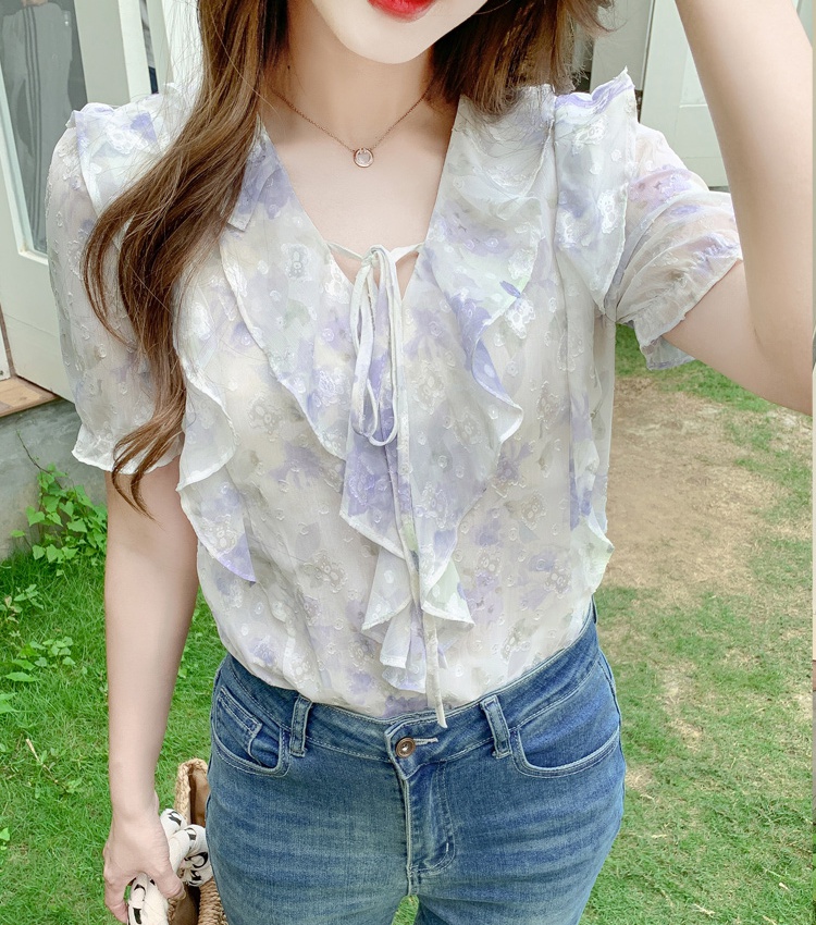 All-match short sleeve shirt V-neck chiffon shirt