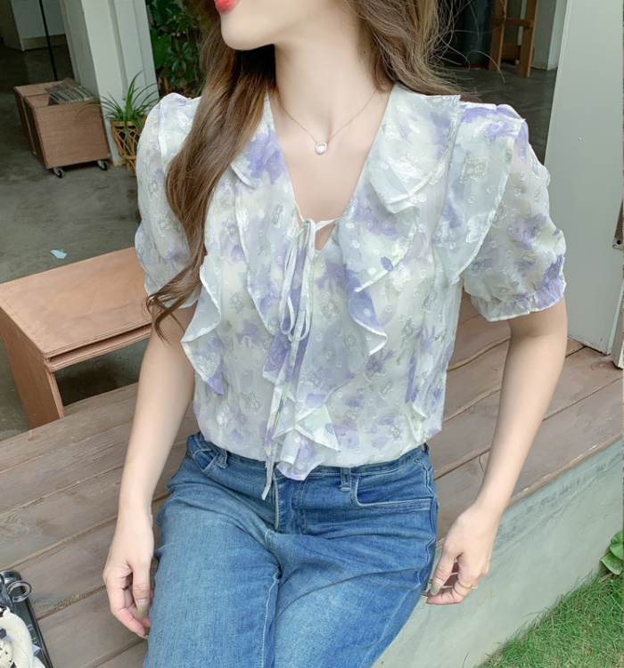 All-match short sleeve shirt V-neck chiffon shirt