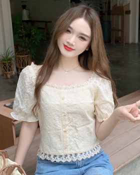 Square collar puff sleeve tops short lace shirts for women