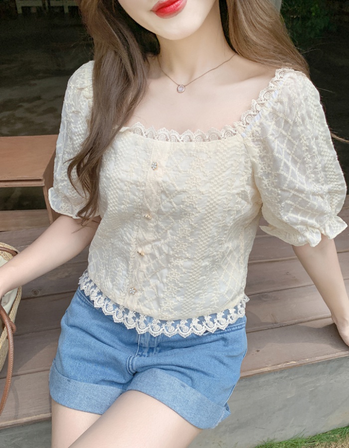 Square collar puff sleeve tops short lace shirts for women