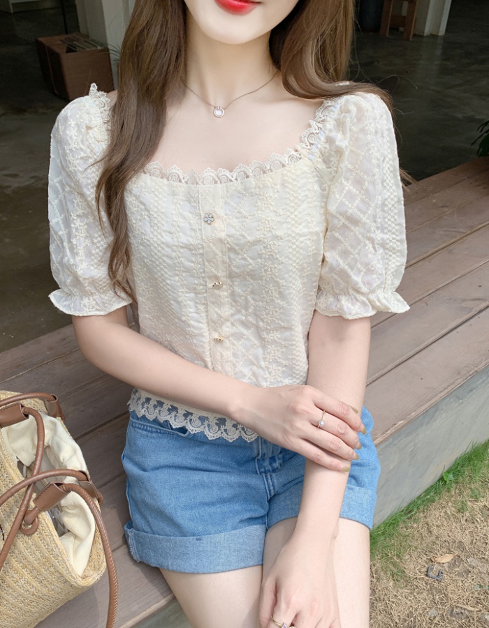 Square collar puff sleeve tops short lace shirts for women