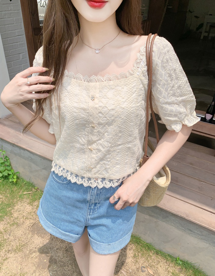 Square collar puff sleeve tops short lace shirts for women