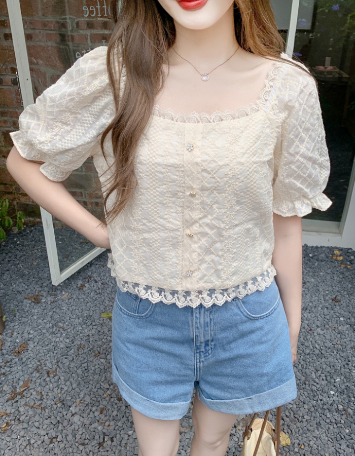 Square collar puff sleeve tops short lace shirts for women