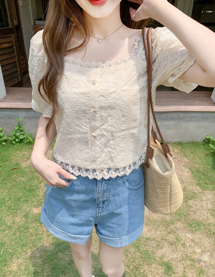 Square collar puff sleeve tops short lace shirts for women