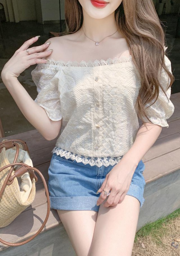 Square collar puff sleeve tops short lace shirts for women