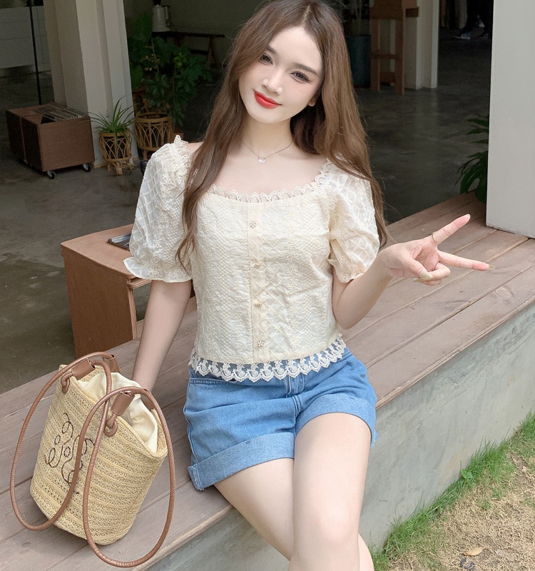 Square collar puff sleeve tops short lace shirts for women