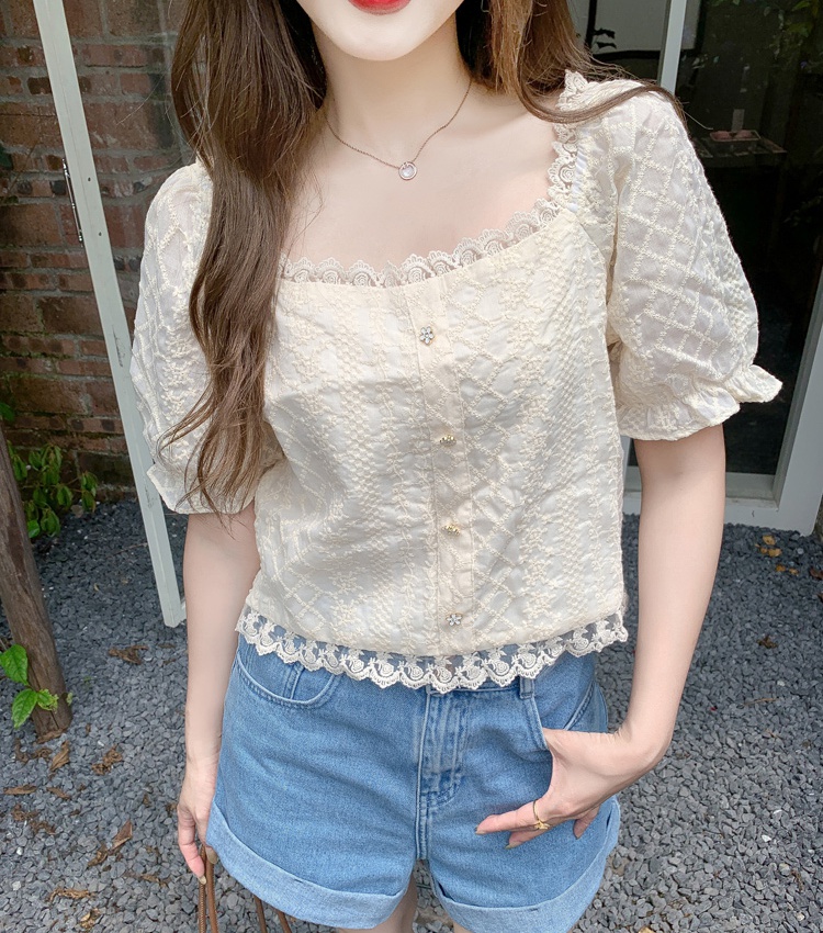 Square collar puff sleeve tops short lace shirts for women