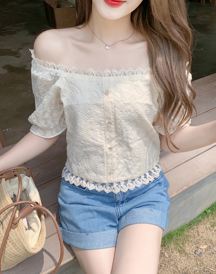 Square collar puff sleeve tops short lace shirts for women